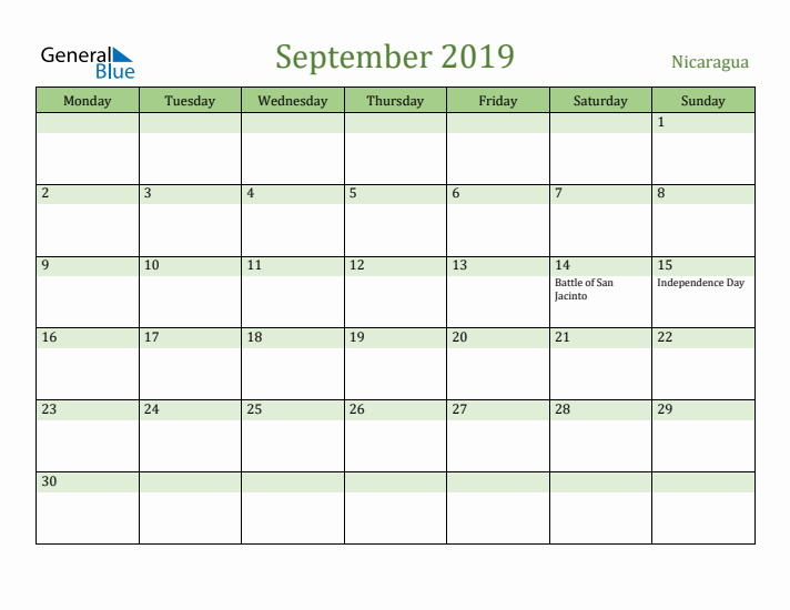 September 2019 Calendar with Nicaragua Holidays