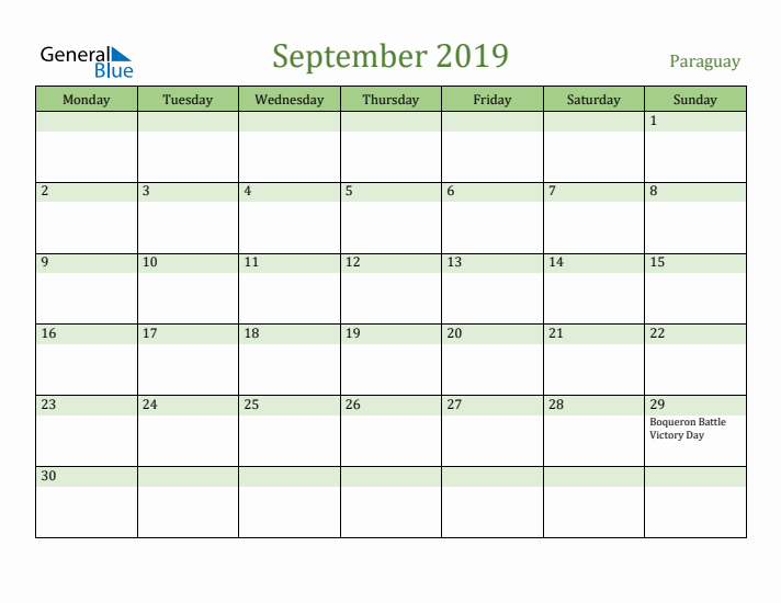 September 2019 Calendar with Paraguay Holidays