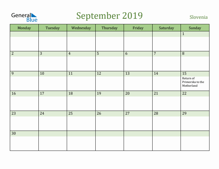 September 2019 Calendar with Slovenia Holidays