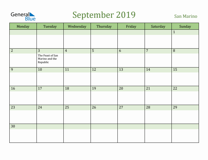 September 2019 Calendar with San Marino Holidays