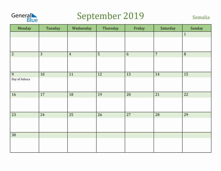September 2019 Calendar with Somalia Holidays