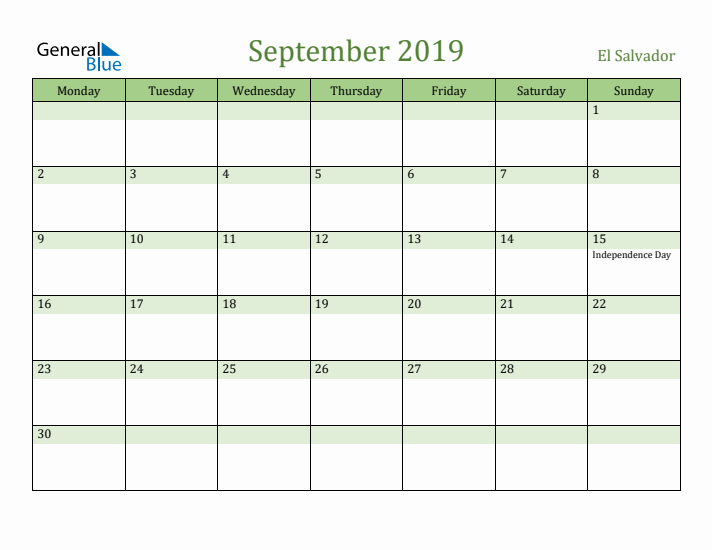September 2019 Calendar with El Salvador Holidays