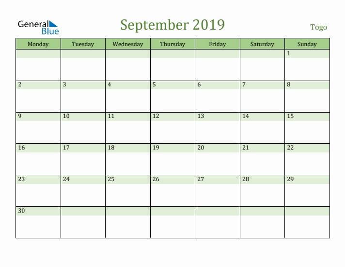 September 2019 Calendar with Togo Holidays