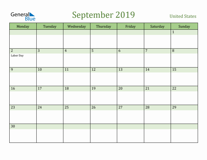 September 2019 Calendar with United States Holidays