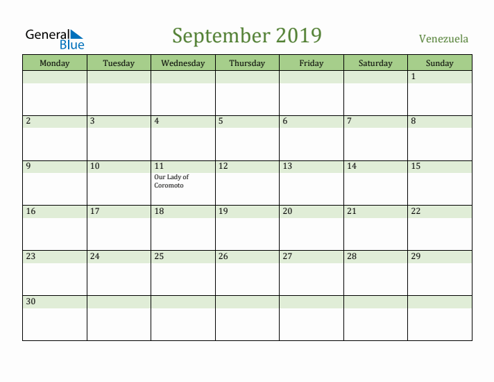 September 2019 Calendar with Venezuela Holidays