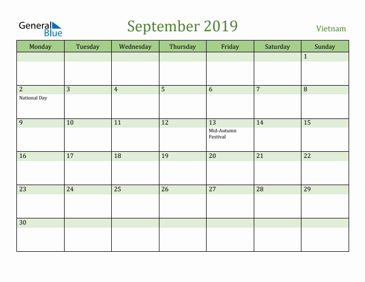 September 2019 Calendar with Vietnam Holidays
