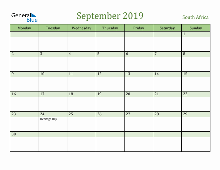 September 2019 Calendar with South Africa Holidays
