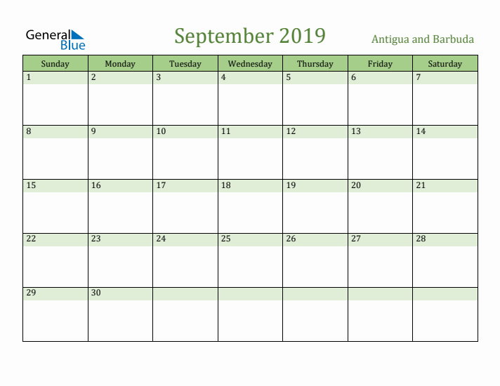 September 2019 Calendar with Antigua and Barbuda Holidays