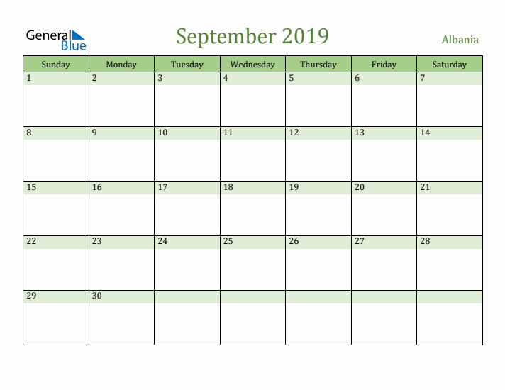September 2019 Calendar with Albania Holidays