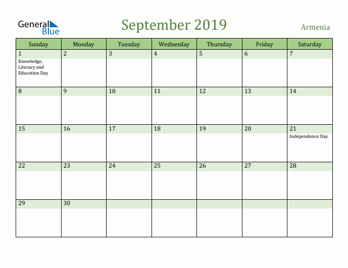 September 2019 Calendar with Armenia Holidays