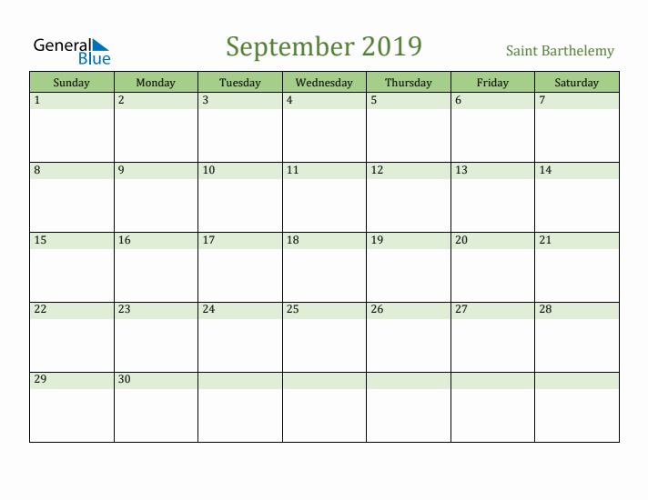 September 2019 Calendar with Saint Barthelemy Holidays