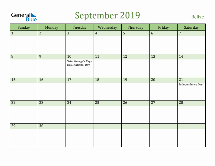 September 2019 Calendar with Belize Holidays