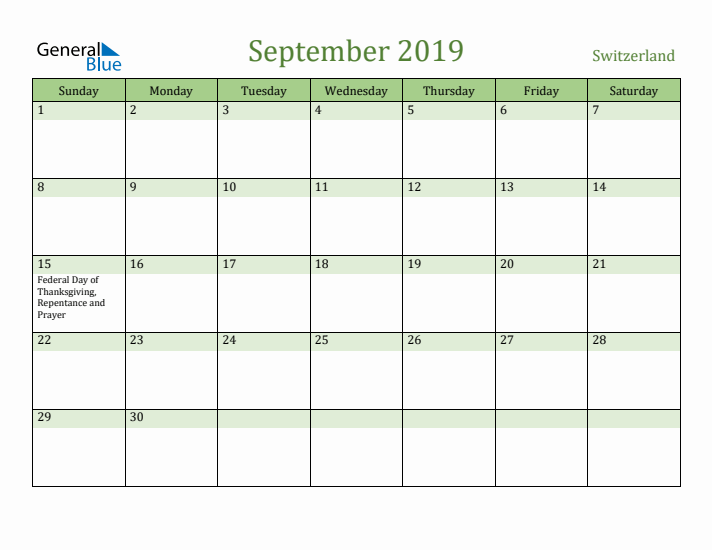 September 2019 Calendar with Switzerland Holidays