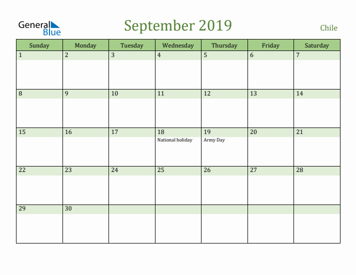 September 2019 Calendar with Chile Holidays