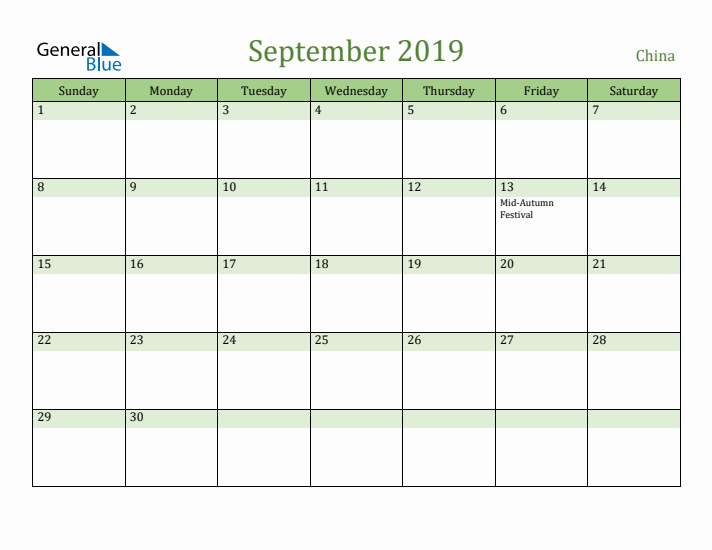 September 2019 Calendar with China Holidays