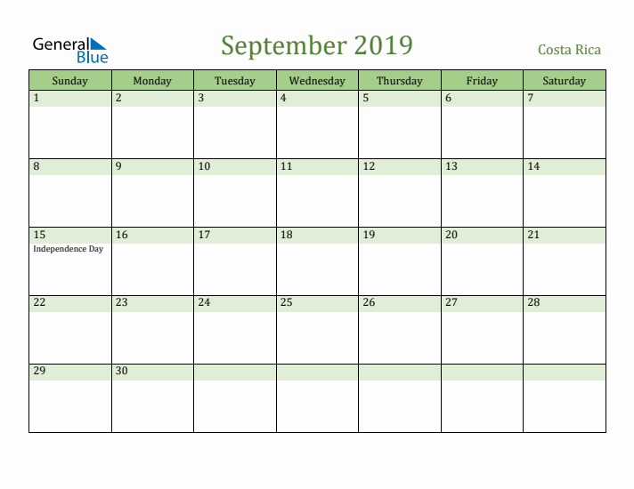 September 2019 Calendar with Costa Rica Holidays