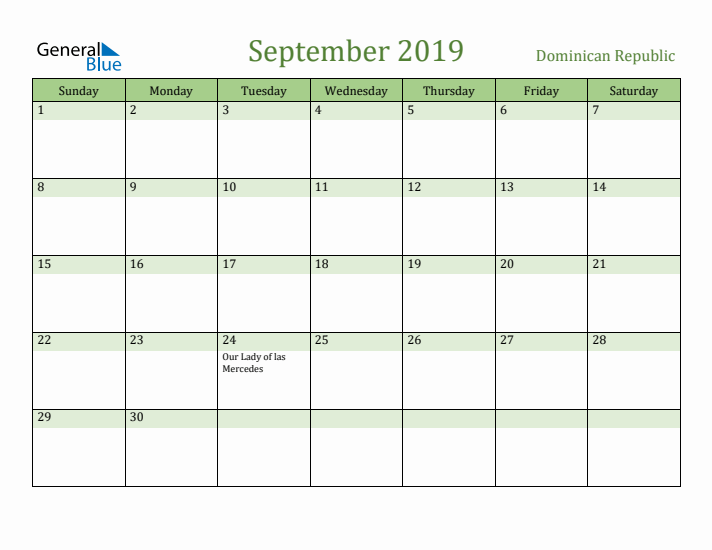 September 2019 Calendar with Dominican Republic Holidays