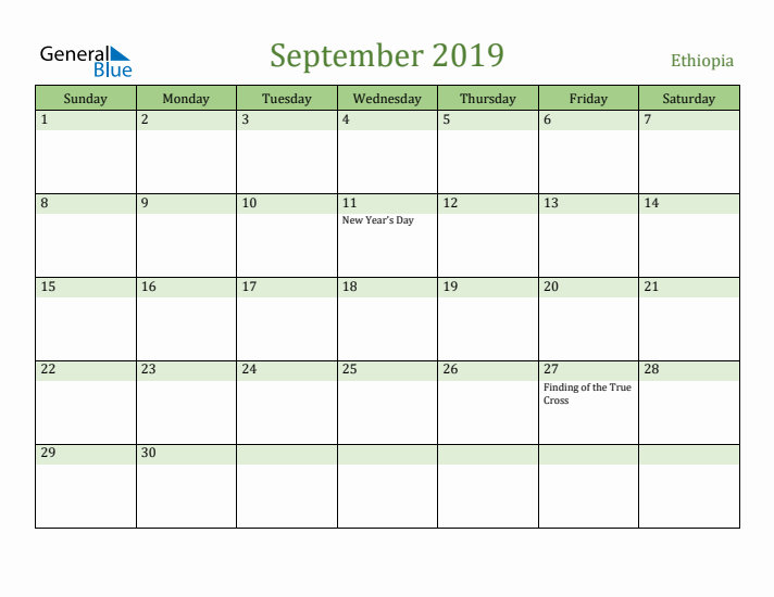 September 2019 Calendar with Ethiopia Holidays