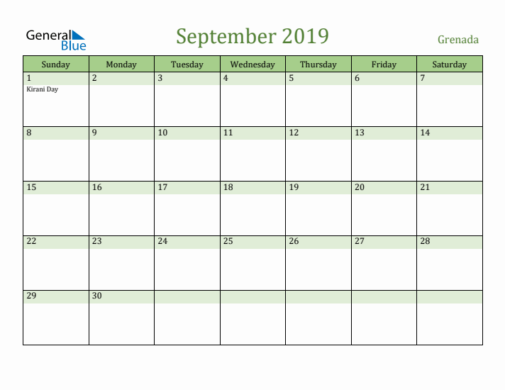 September 2019 Calendar with Grenada Holidays