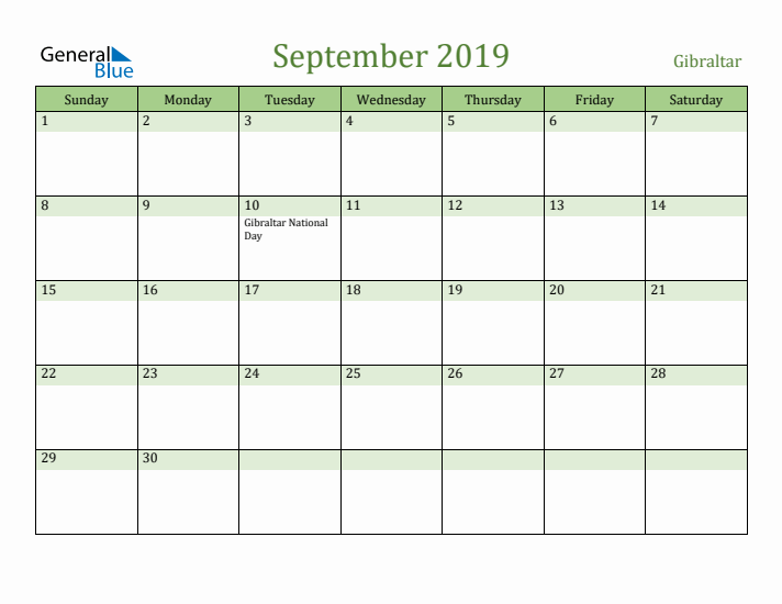 September 2019 Calendar with Gibraltar Holidays
