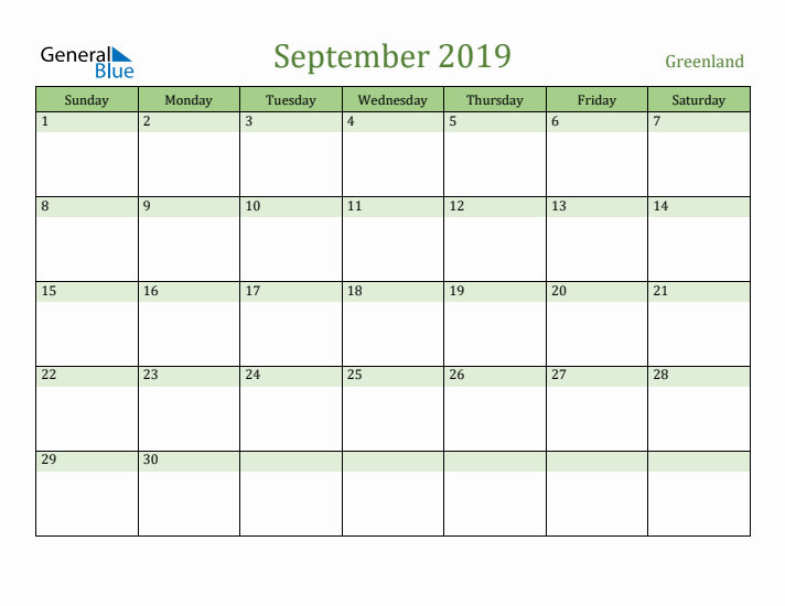 September 2019 Calendar with Greenland Holidays