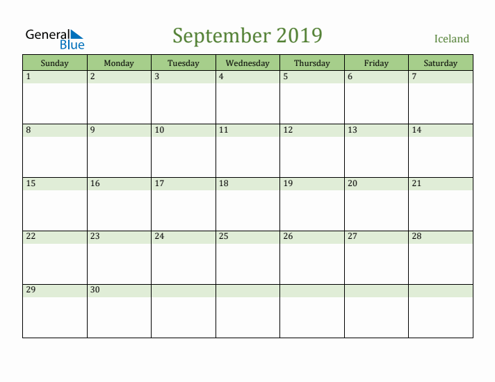 September 2019 Calendar with Iceland Holidays