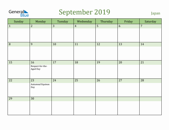 September 2019 Calendar with Japan Holidays