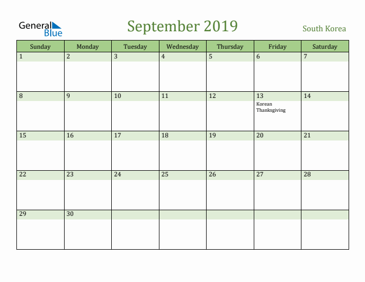 September 2019 Calendar with South Korea Holidays