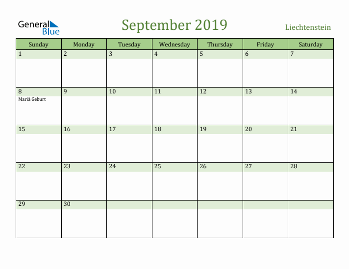 September 2019 Calendar with Liechtenstein Holidays