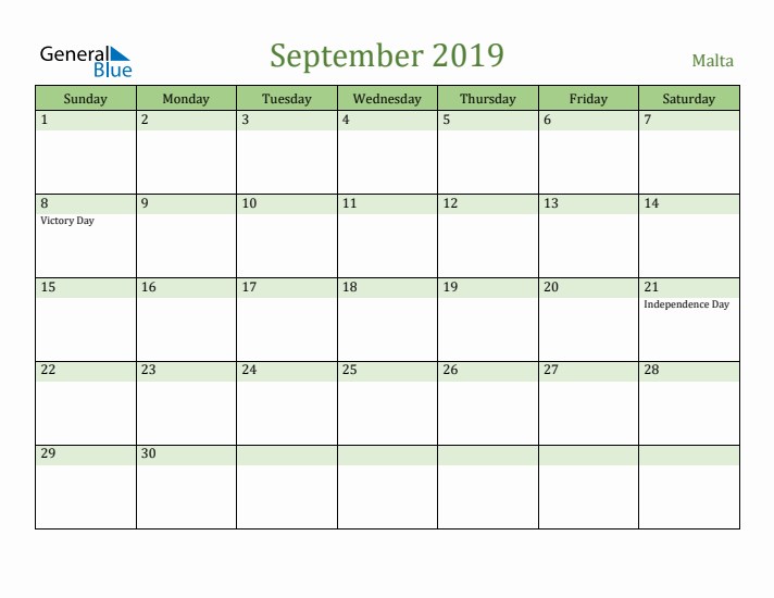 September 2019 Calendar with Malta Holidays