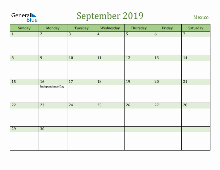 September 2019 Calendar with Mexico Holidays