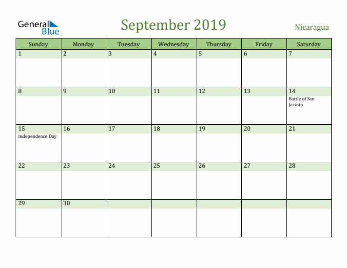 September 2019 Calendar with Nicaragua Holidays