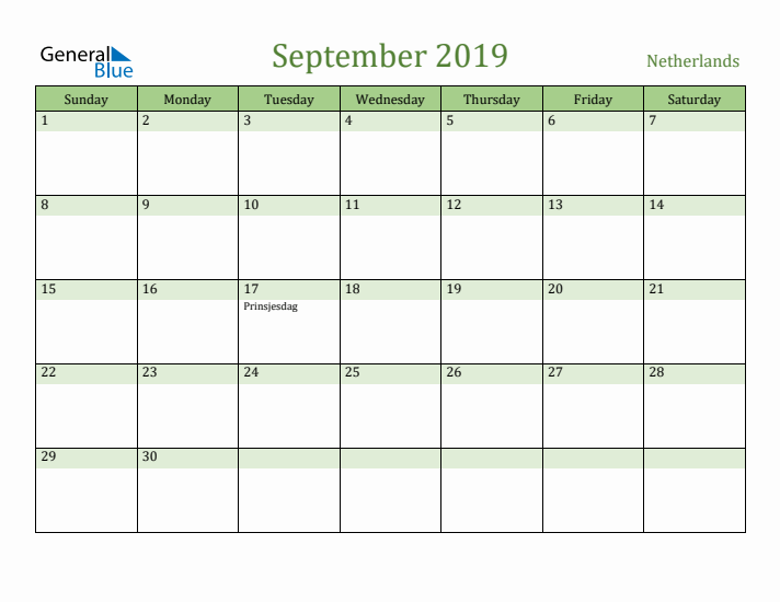 September 2019 Calendar with The Netherlands Holidays