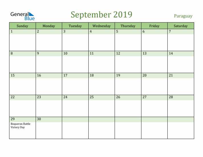 September 2019 Calendar with Paraguay Holidays