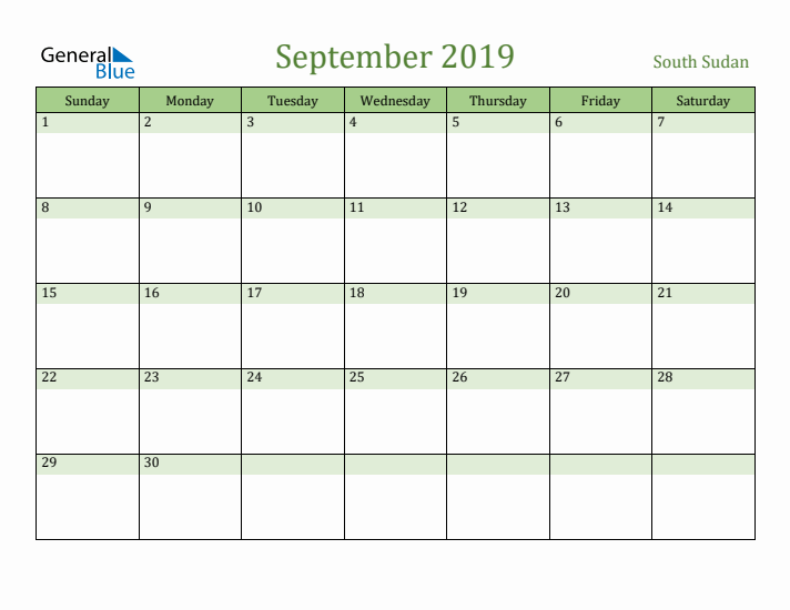 September 2019 Calendar with South Sudan Holidays