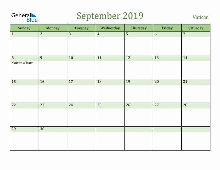 September 2019 Calendar with Vatican Holidays