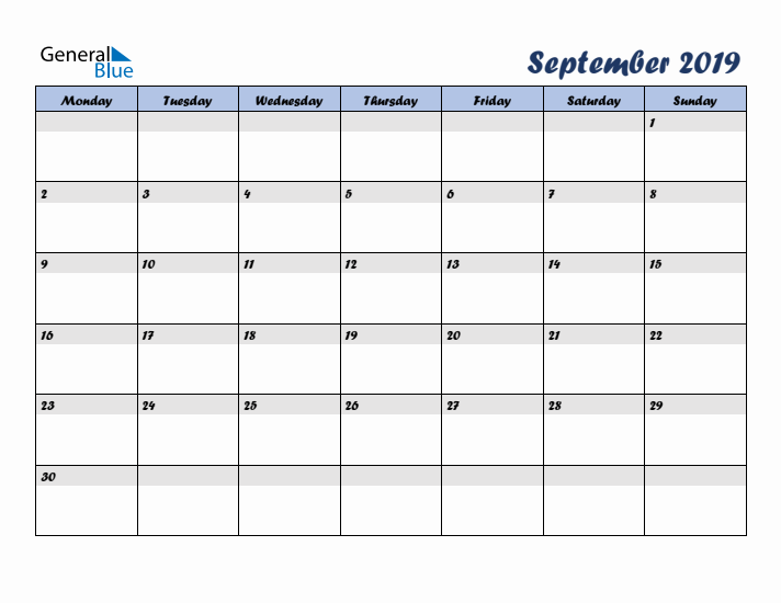 September 2019 Blue Calendar (Monday Start)