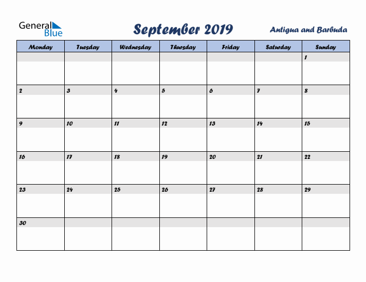 September 2019 Calendar with Holidays in Antigua and Barbuda
