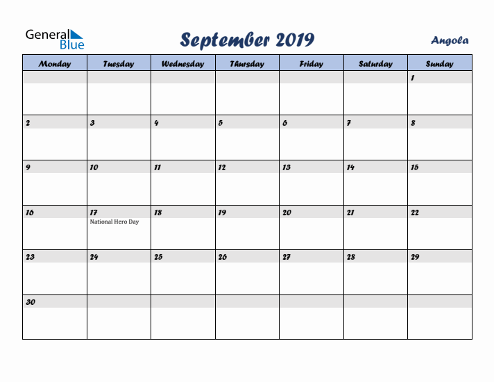 September 2019 Calendar with Holidays in Angola