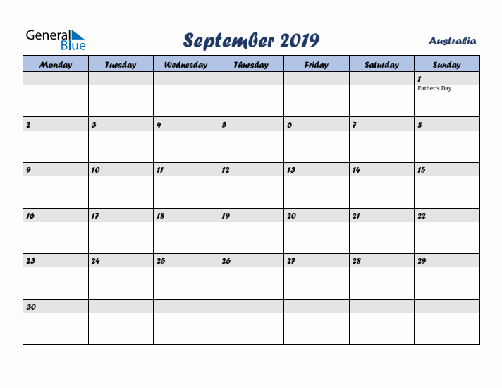 September 2019 Calendar with Holidays in Australia