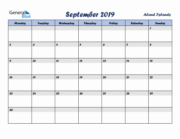 September 2019 Calendar with Holidays in Aland Islands