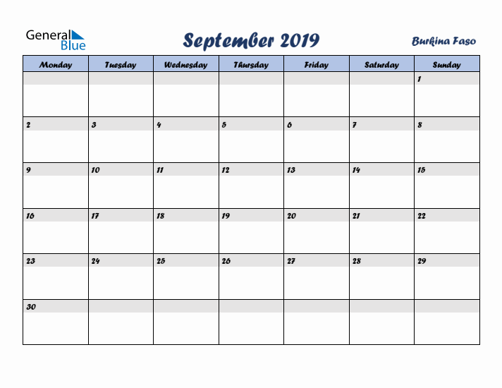 September 2019 Calendar with Holidays in Burkina Faso