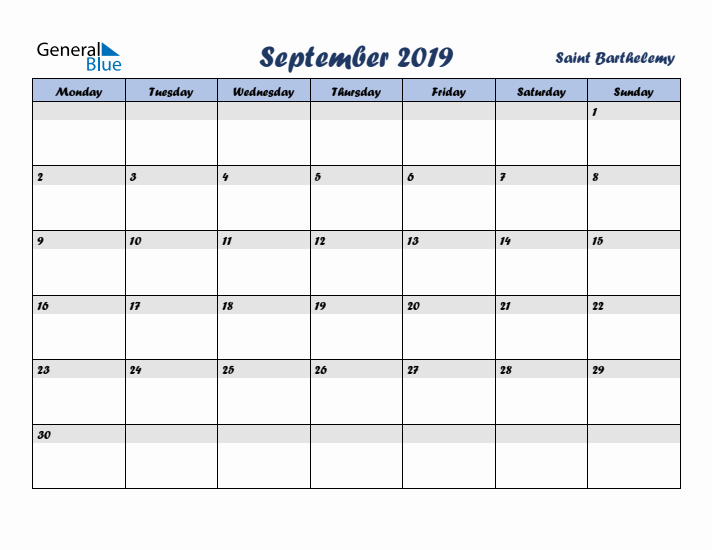 September 2019 Calendar with Holidays in Saint Barthelemy
