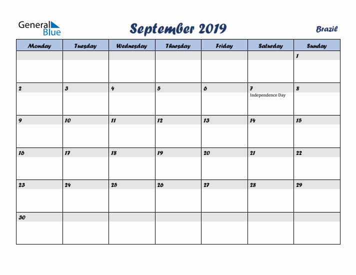 September 2019 Calendar with Holidays in Brazil