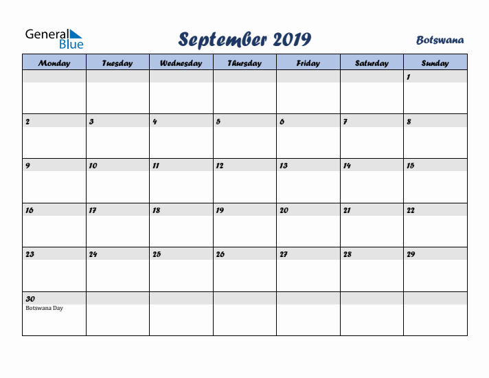 September 2019 Calendar with Holidays in Botswana