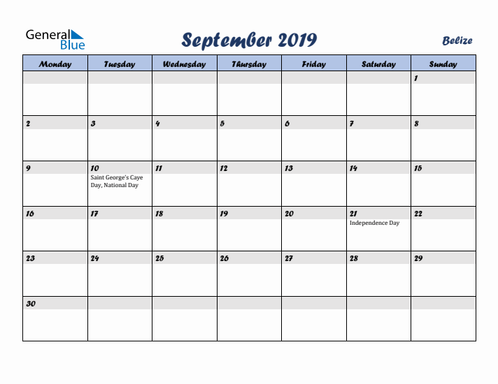 September 2019 Calendar with Holidays in Belize