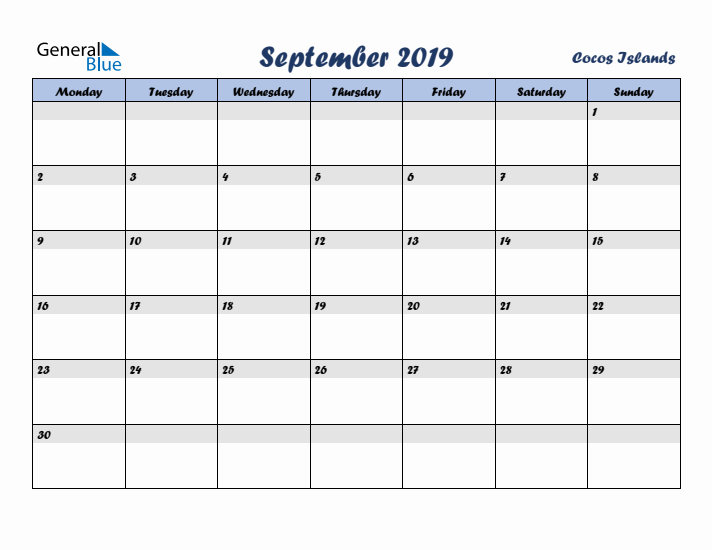 September 2019 Calendar with Holidays in Cocos Islands