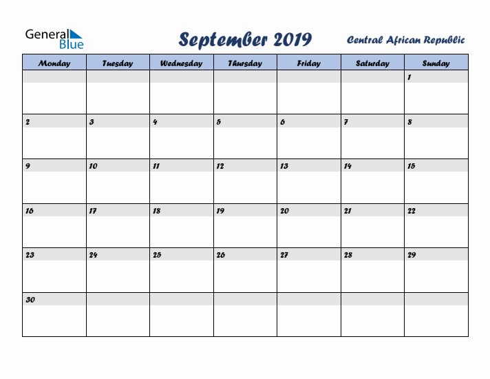 September 2019 Calendar with Holidays in Central African Republic