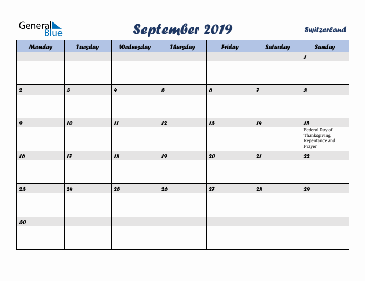 September 2019 Calendar with Holidays in Switzerland