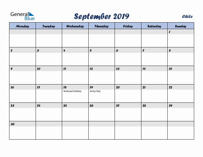September 2019 Calendar with Holidays in Chile